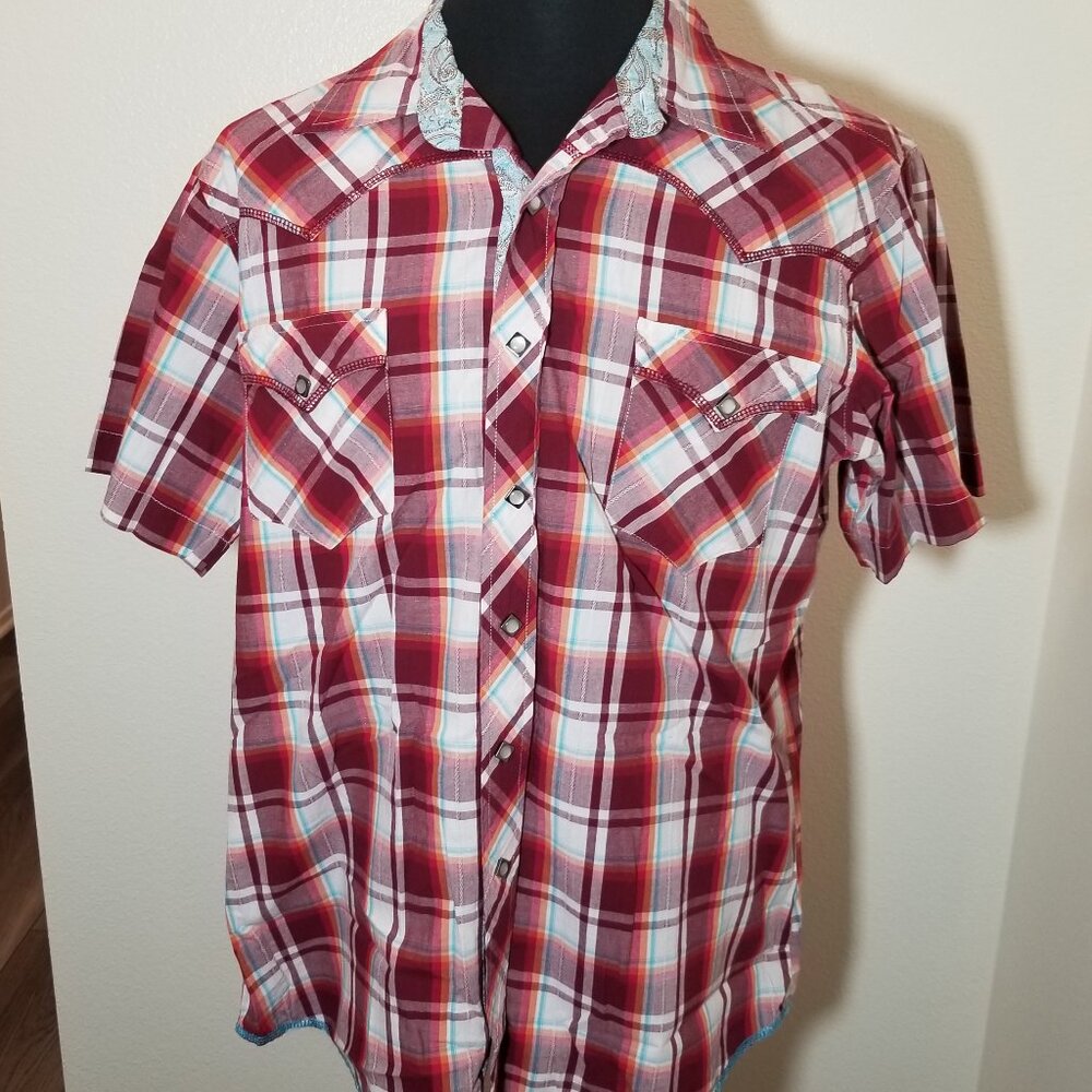 Roper Mens Large Red White Plaid Short Sleeve Shirt‎ Western Pearl Snap Rancher